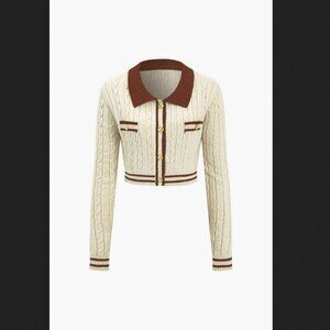 Micas Sweater Medium Beige Red Contrast Trim Knit Button Up Minimalist NWT